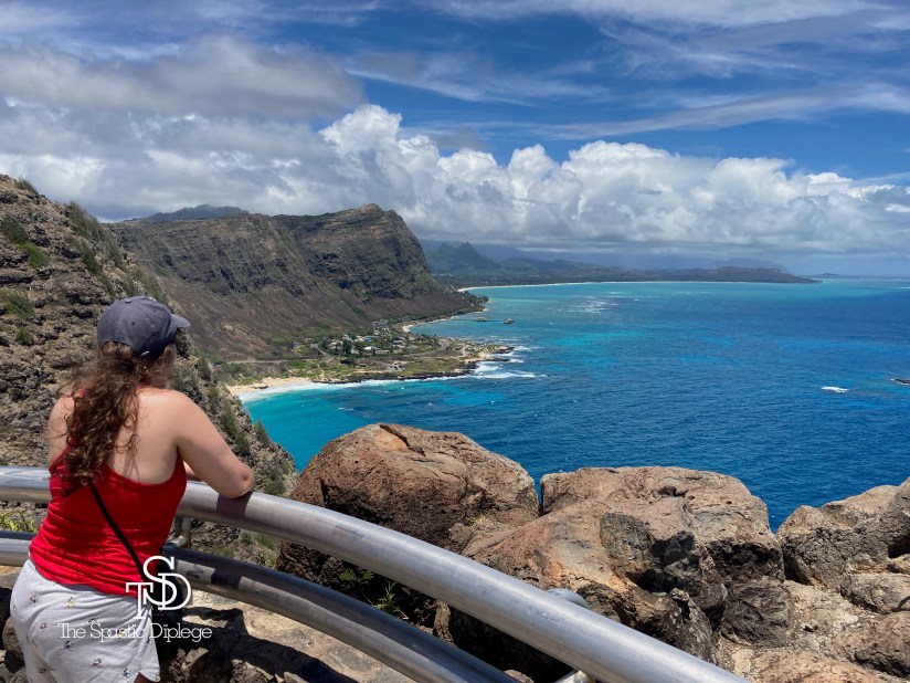 Myself, standing with my back to the camera. I am overlooking a beautiful view at the end of a hike in Honolulu, Hawaii. The view includes a beautiful blue ocean and a rocky shoreline.